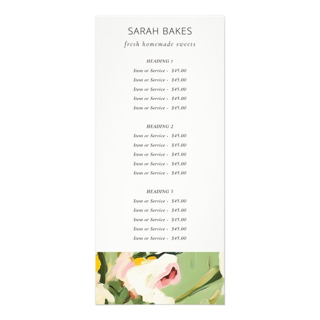 Boho Colorful Green Pink Painted Floral Price List Rack Card (Back)