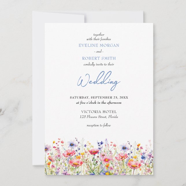 Boho colorful meadow wild flowers wedding invitation (Front)