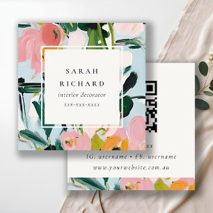 Boho Colorful Pink Blue Painted Floral QR Code Square Business Card