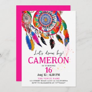 Boho Colorful Pink Dream Catch Birthday Watercolor