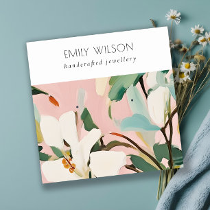 Boho Colorful Pink Teal Painted Floral Earring Square Business Card