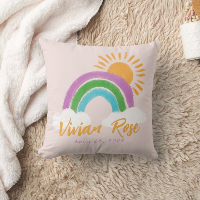 Boho Colorful Rainbow Baby Birthday Nursery Decor Throw Pillow (Blanket)