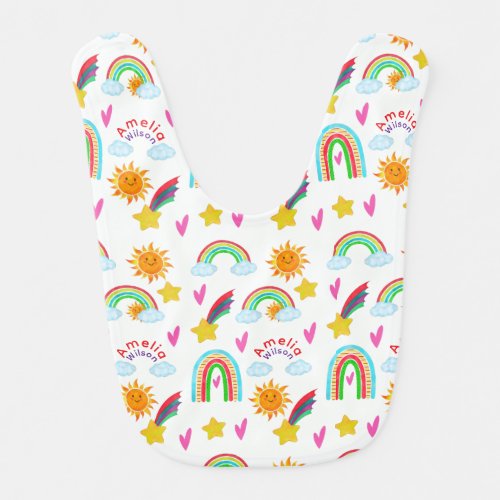 Boho Colorful Rainbow Sun Star Name Pattern Baby Bib