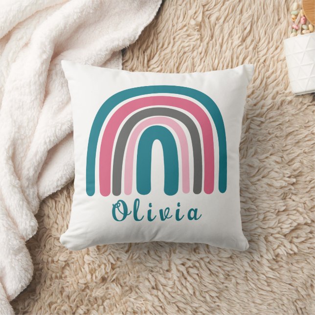 Boho Colorful Rainbow With Personalized Name Throw Pillow (Blanket)