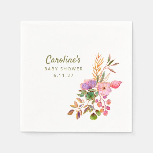 Boho Colorful Watercolor Floral Baby Shower Custom Napkins