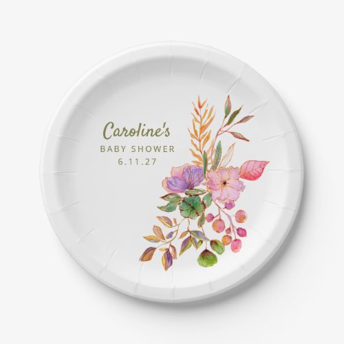 Boho Colorful Watercolor Floral Baby Shower Custom Paper Plates