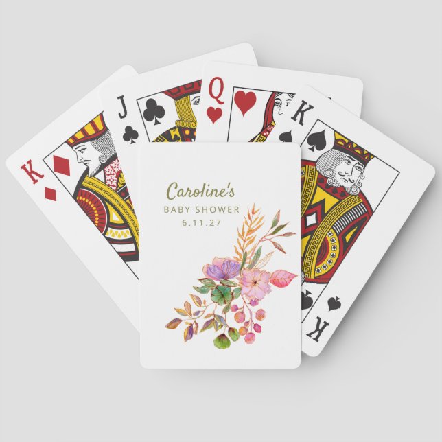 Boho Colorful Watercolor Floral Baby Shower Custom Poker Cards (Back)