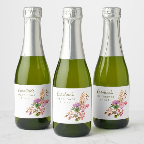 Boho Colorful Watercolor Floral Baby Shower Custom Sparkling Wine Label