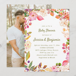 Boho Colorful Watercolor Floral Baby Shower Photo Invitation