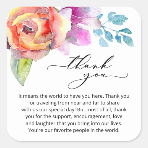 Boho Colorful Watercolor Floral Thank You Message Square Sticker