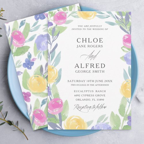 Boho Colorful Watercolor Rose  Foliage Wedding Invitation