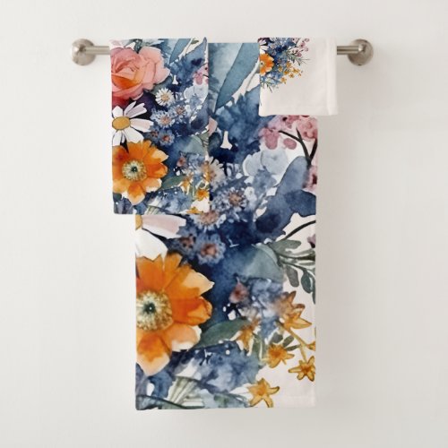 Boho Colorful Watercolor Wildflower  Bath Towel Set