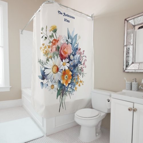 Boho Colorful Watercolor Wildflower  Shower Curtain