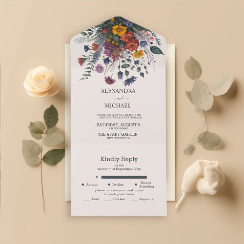 Boho Colorful Watercolor Wildflower Wedding All In One Invitation