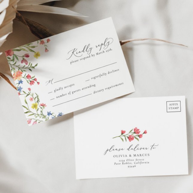Boho Colorful Wildflower Fairytale Elegant Wedding RSVP Card (Front/Back)