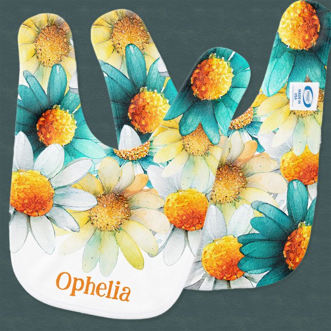 Boho Colorful Wildflowers Daisies Pattern Name Baby Bib (Creator Uploaded)