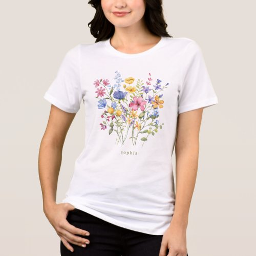 Boho Colorful Wildflowers on White with Monogram Tri_Blend Shirt