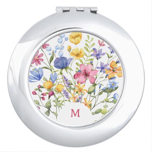 Boho Colorful Wildflowers with Monogram Compact Mirror