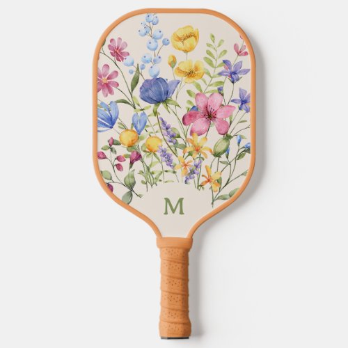 Boho Colorful Wildflowers with Monogram Pickleball Paddle