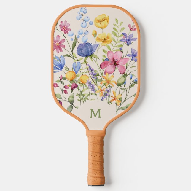 Boho Colorful Wildflowers with Monogram Pickleball Paddle (Front)