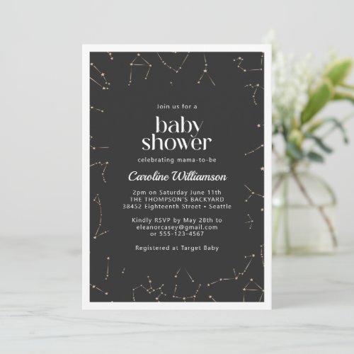 Boho Constellations Stars Black Gold Baby Shower Invitation