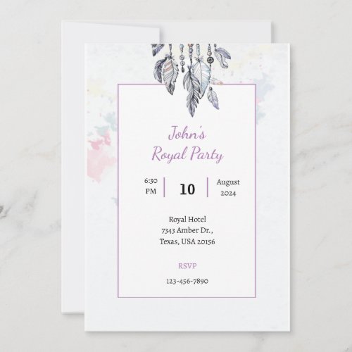 Boho cool watercolor royal party invitation card