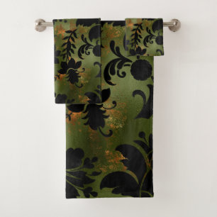 Boho Copper Black Green Floral Bath Towel Set