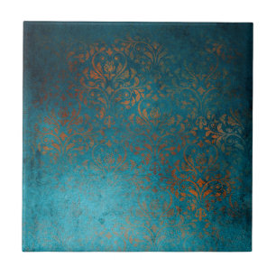 Boho Copper Blue Damask Grunge Ceramic Tile
