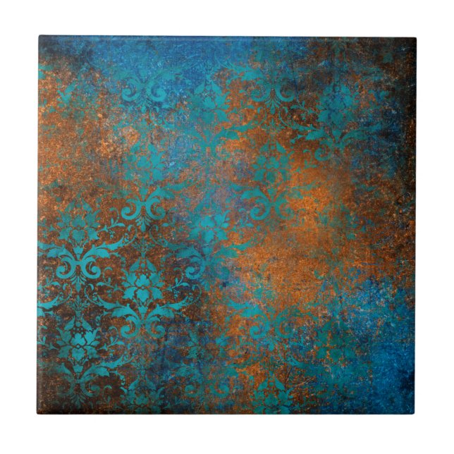 Boho Copper Blue Floral Damask Grunge Ceramic Tile (Front)