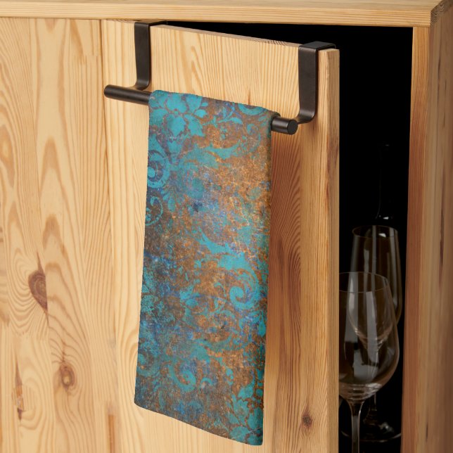 Boho Copper Blue Floral Damask Grunge Kitchen Towel (Thirds Fold)