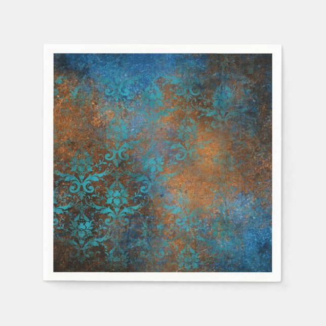 Boho Copper Blue Floral Damask Grunge Napkins (Front)