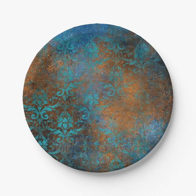 Boho Copper Blue Floral Damask Grunge Paper Plates (Front)