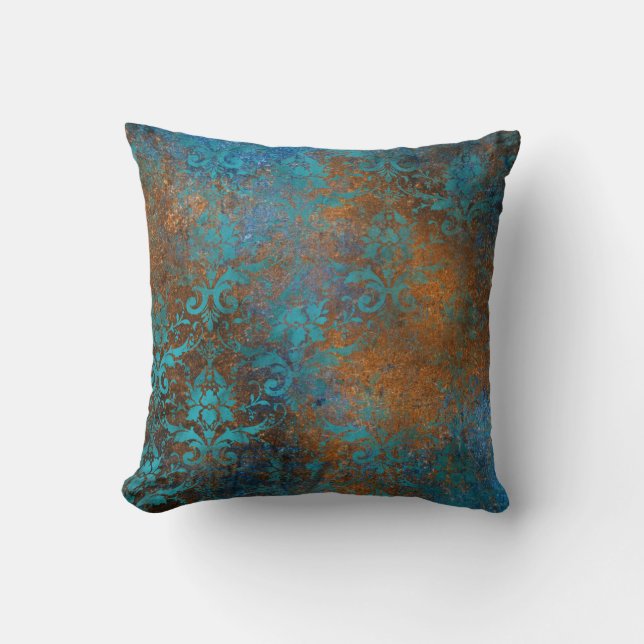 Boho Copper Blue Floral Damask Grunge Throw Pillow (Front)