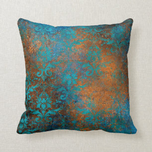 Boho Copper Blue Floral Damask Grunge Throw Pillow