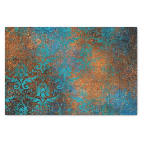 Boho Copper Blue Floral Damask Grunge Tissue Paper