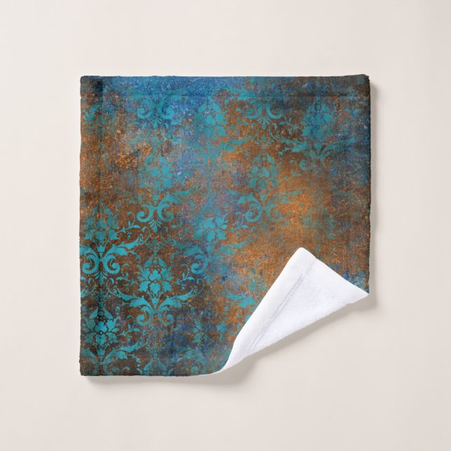 Boho Copper Blue Floral Damask Grunge Wash Cloth (Wash Cloth)
