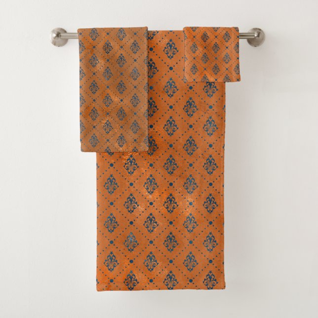 Boho Copper Blue Graphic Art Deco Bath Towel Set (Insitu)