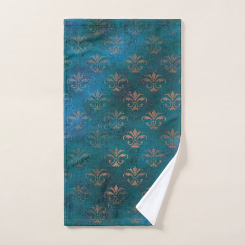 Boho Copper Blue Grunge Heraldic Floral Hand Towel