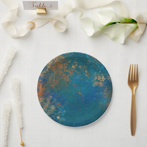 Boho Copper Blue Grunge Paper Plates