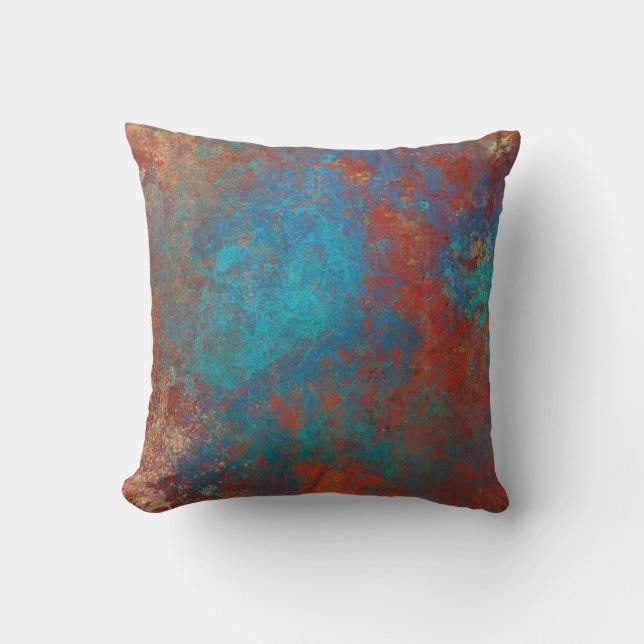 Boho Copper Blue Orange Red Grunge Throw Pillow (Front)