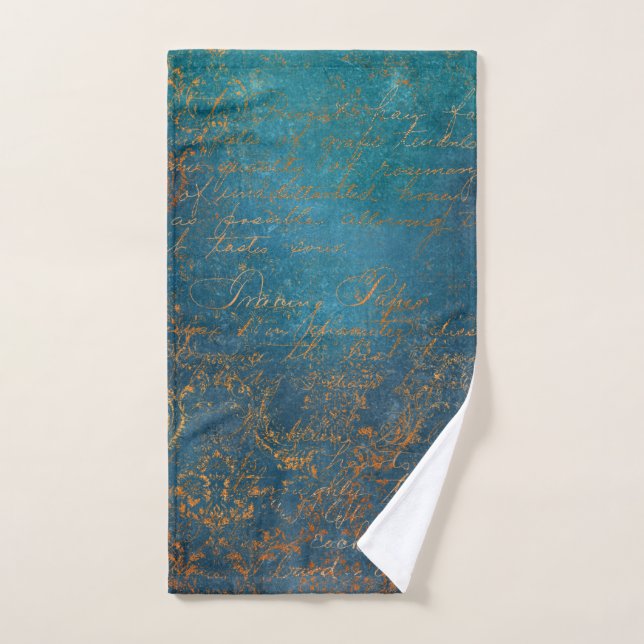 Boho Copper Blue Script Handwriting Grunge Hand Towel (Hand Towel)