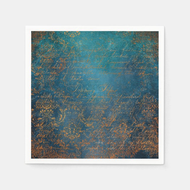 Boho Copper Blue Script Handwriting Grunge Napkins (Front)