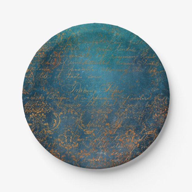 Boho Copper Blue Script Handwriting Grunge Paper Plates (Front)