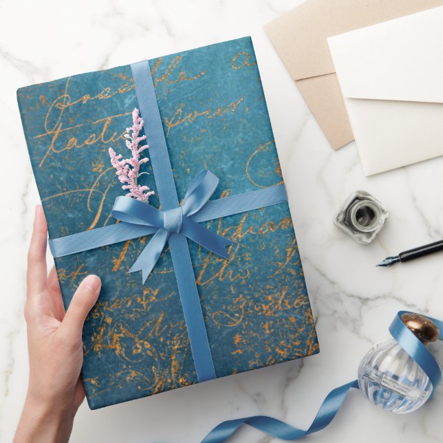 Boho Copper Blue Script Handwriting Grunge Wrapping Paper (Gifting)