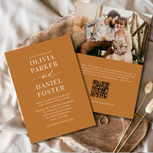 Boho Copper Bronze QR Code Elegant Photo Wedding Invitation
