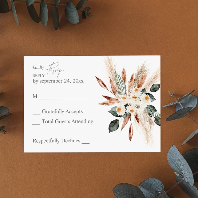 Boho Copper Leaf & Pampas & Beige Floral no Meal RSVP Card (Creator Uploaded)