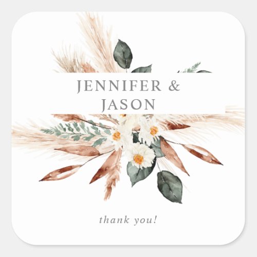 Boho Copper Leaves Pampas  Beige Floral Thank You Square Sticker