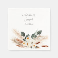 Boho Copper Pampas & Beige Floral - White Napkins