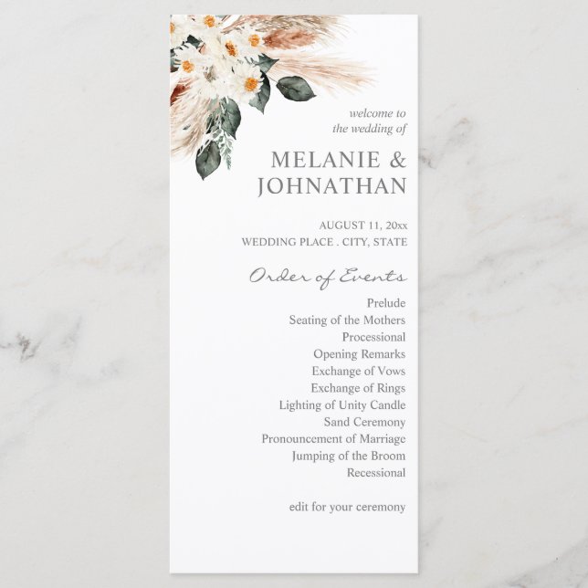 Boho Copper Pampas Floral Ceremony  Program (Front)
