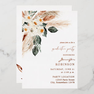 Boho Copper Pampas Floral Graduation Party Foil Invitation